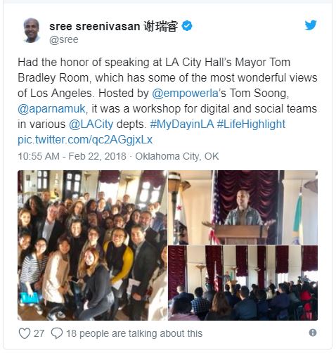Social media instructor Sree Sreenivasan tweet about EmpowerLA social media workshop at LA City Hall February 21 2018
