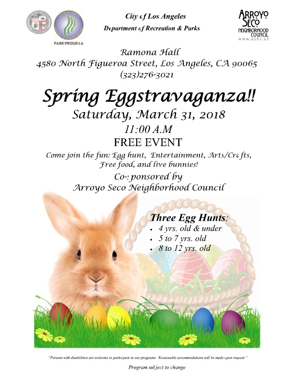 Arroyo Seco NC and Rec & Parks Spring Egg Hunt flyer - Saturday March 31
