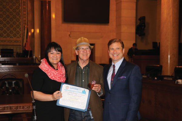 Spirit Award winner Len Shaffer of Tarzana with Grayce Liu and Controller Galperin